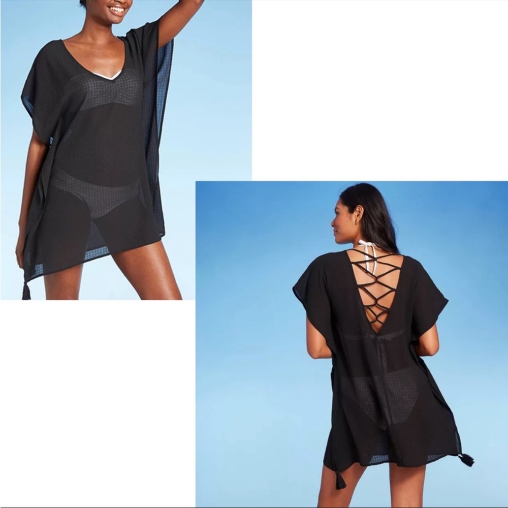 KONA SOL Boho Black Lattice Back Tassel Kaftan NWT, Coverup XL